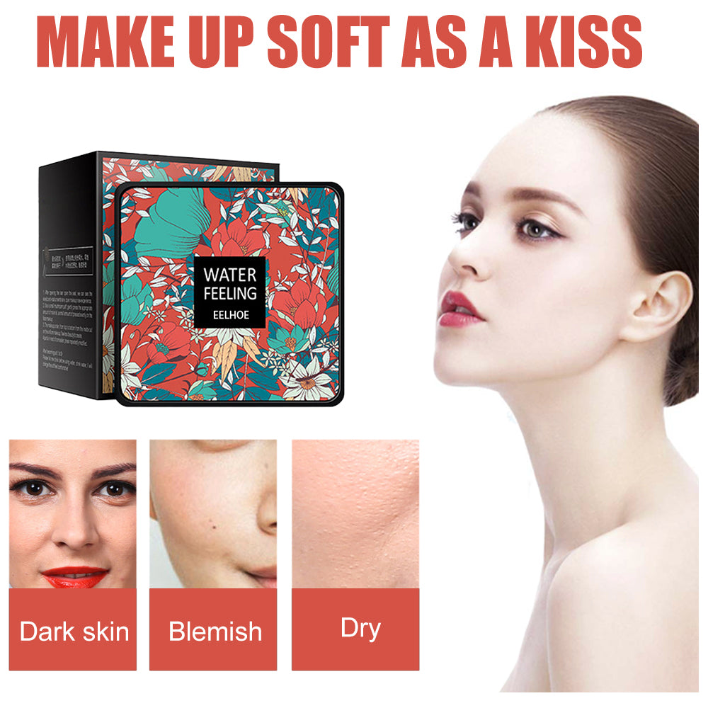 EELHOE BB cream cushion in floral packaging, shown with models demonstrating coverage of blemishes, dark skin, and dryness.