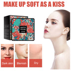 EELHOE BB cream cushion in floral packaging, shown with models demonstrating coverage of blemishes, dark skin, and dryness.