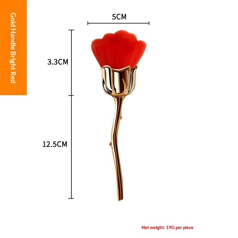 Red rose-shaped makeup brush with a metallic gold stem handle and 3.3cm brush head, labeled with dimensions.