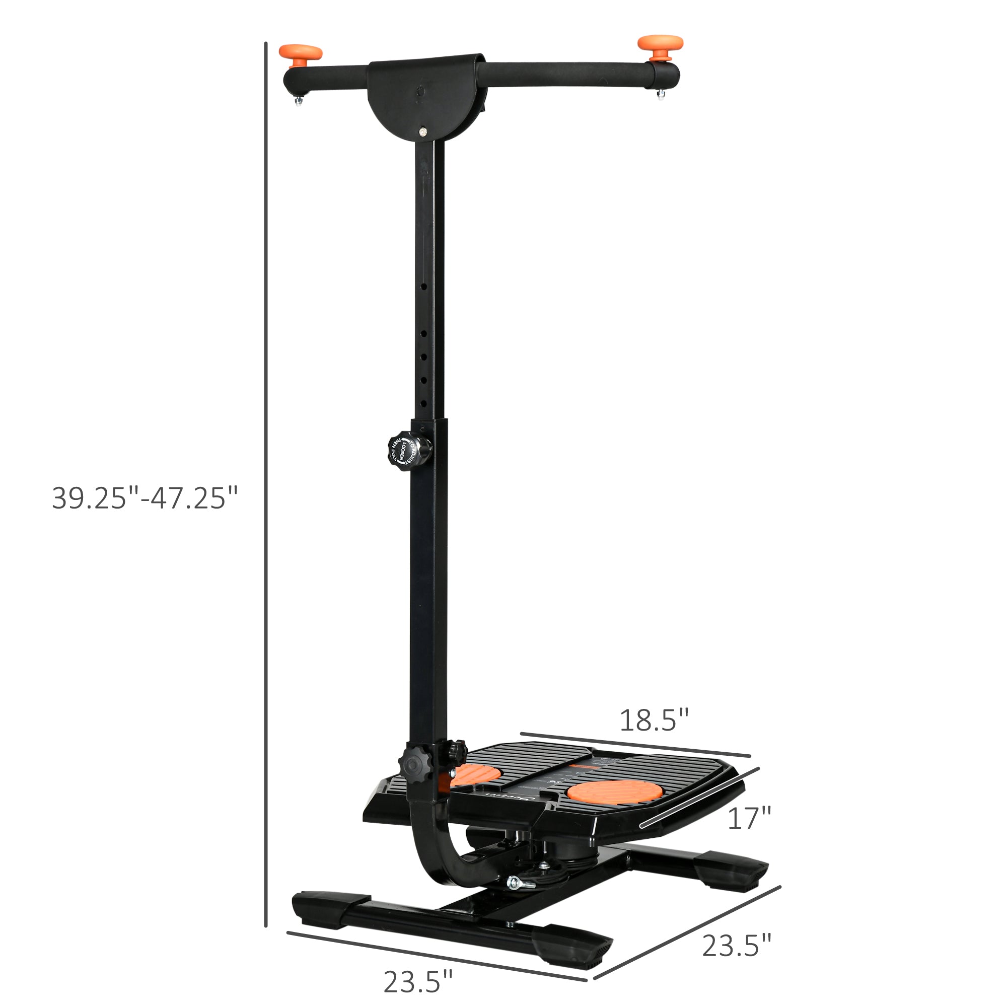 Black foldable ab twister with orange accents, adjustable handle, and measurement display on a platform base.