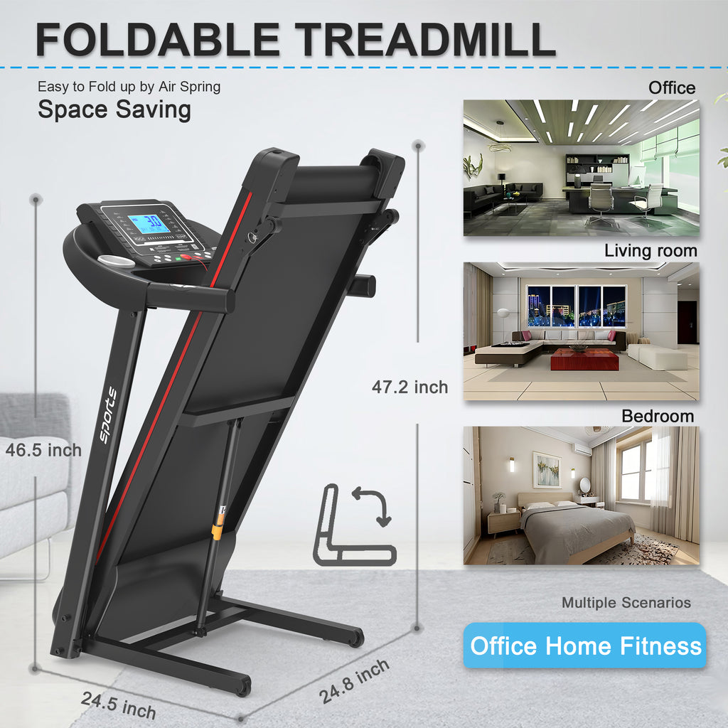 Black foldable treadmill with red accents, LCD screen, and air spring, shown folded in office, living room, and bedroom.