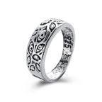 Silver-toned hip hop ring with an engraved, repeating evil eye pattern and "925" stamped on the inner band.