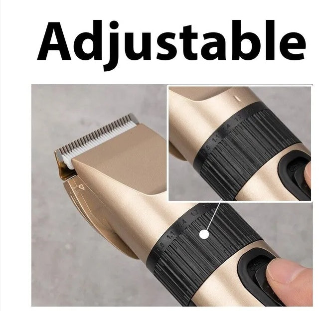 Gold cordless hair clipper with a white blade and black adjustable dial for precision cutting lengths.