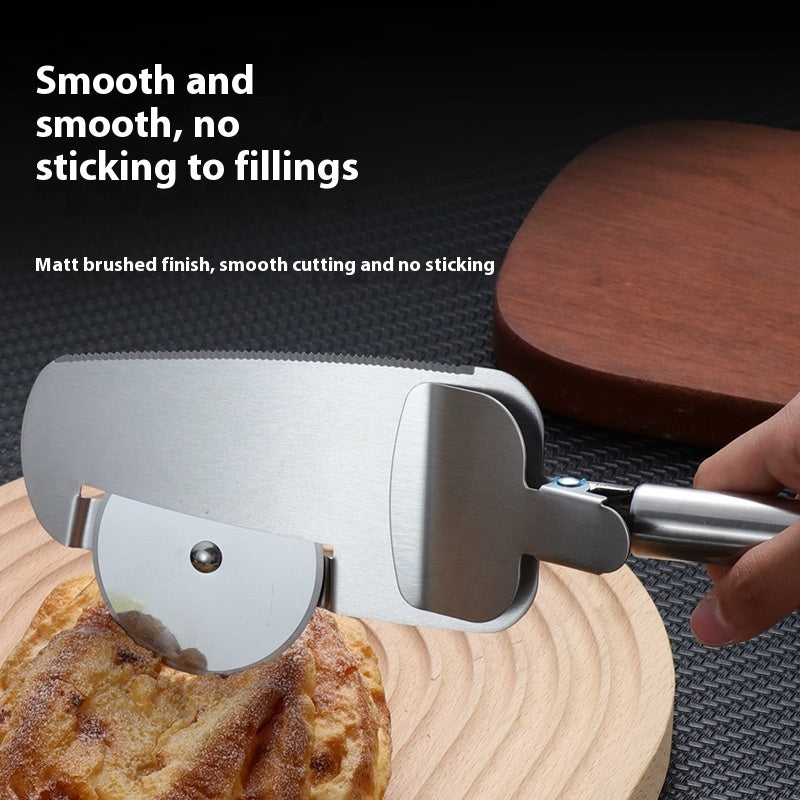 A hand holds a 3-in-1 stainless steel pizza cutter with a round blade and matte finish, cutting food on a wood board.