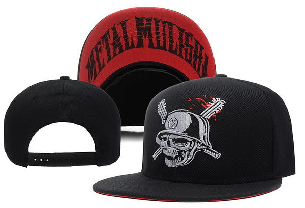 Black and red snapback cap featuring an embroidered skull-in-helmet graphic with crossed swords on the front.