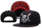 Black and red snapback cap featuring an embroidered skull-in-helmet graphic with crossed swords on the front.