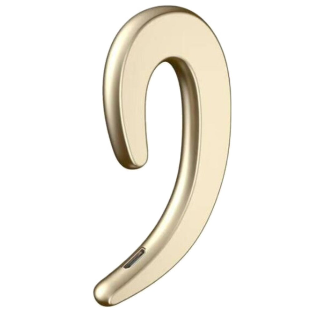 Champagne-colored, sleek bone conduction ear hook headphone with a metallic finish on a plain white background.