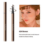 Two metallic brown liquid eyeliner pens with felt tips next to a woman wearing brown eyeliner and text: 02# Brown.
