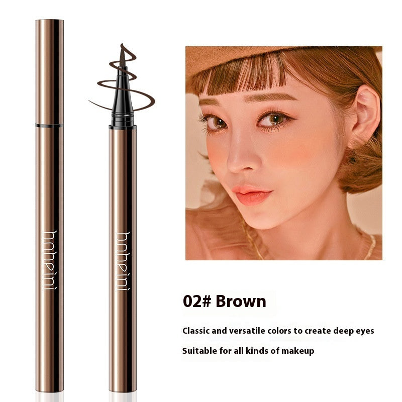 Two metallic brown liquid eyeliner pens with felt tips next to a woman wearing brown eyeliner and text: 02# Brown.
