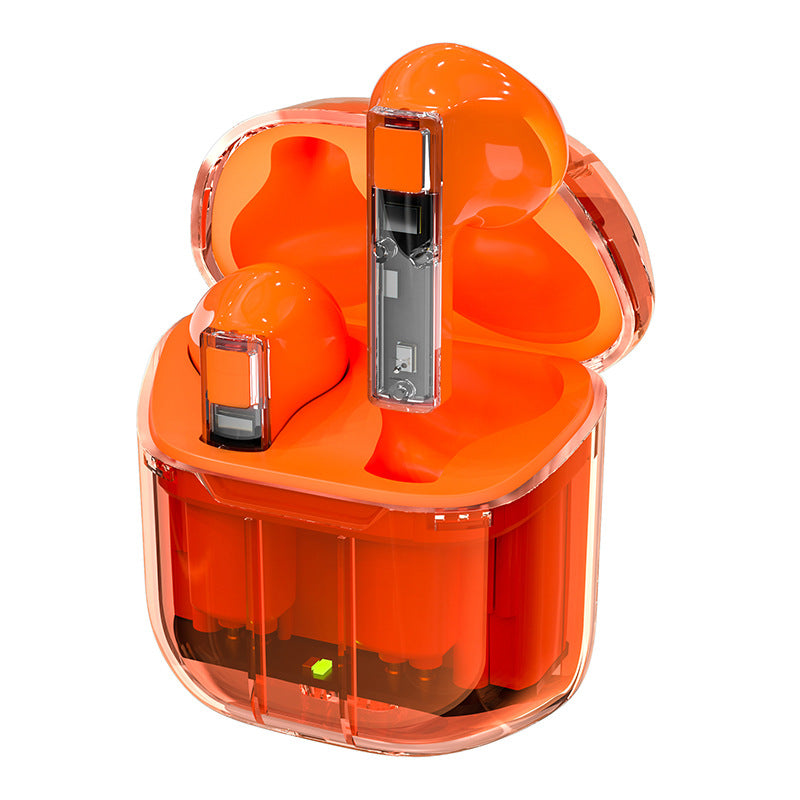 Bright orange TWS wireless earbuds in a matching, translucent, open charging case with visible internal tech hardware.