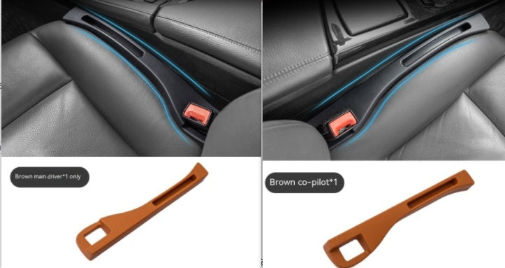 Brown leather-look car seat gap organizer inserts designed to fit securely beside vehicle center consoles.