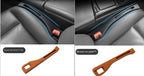 Brown leather-look car seat gap organizer inserts designed to fit securely beside vehicle center consoles.