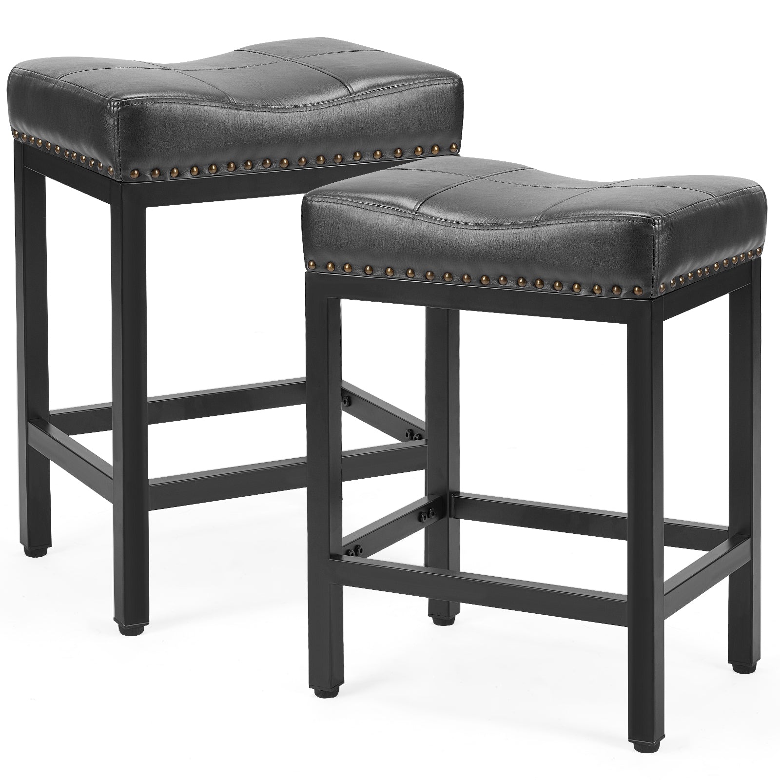 Two black saddle bar stools with black steel frames, cushioned leather-look seats, and antique nailhead trim.