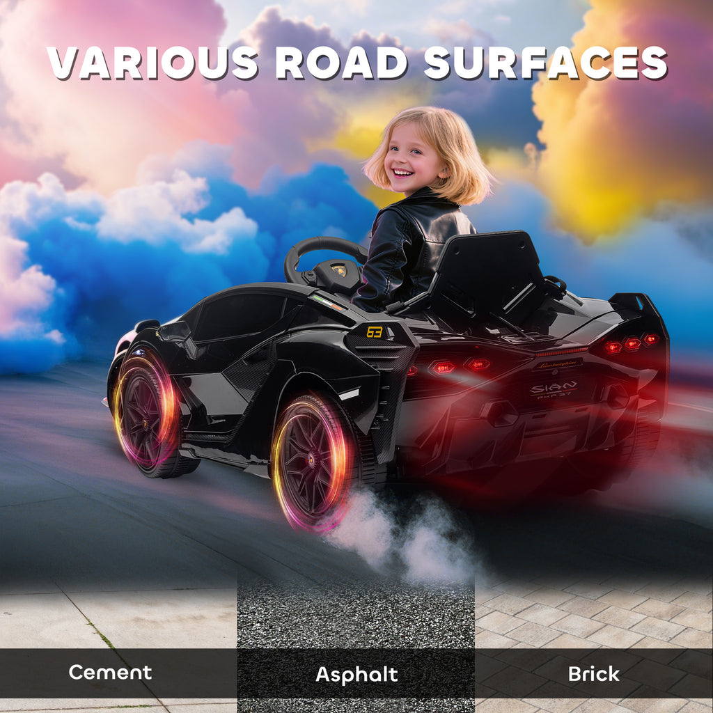 A child drives a black Lamborghini Sian electric toy car with glowing wheels, red tail lights, and realistic details.