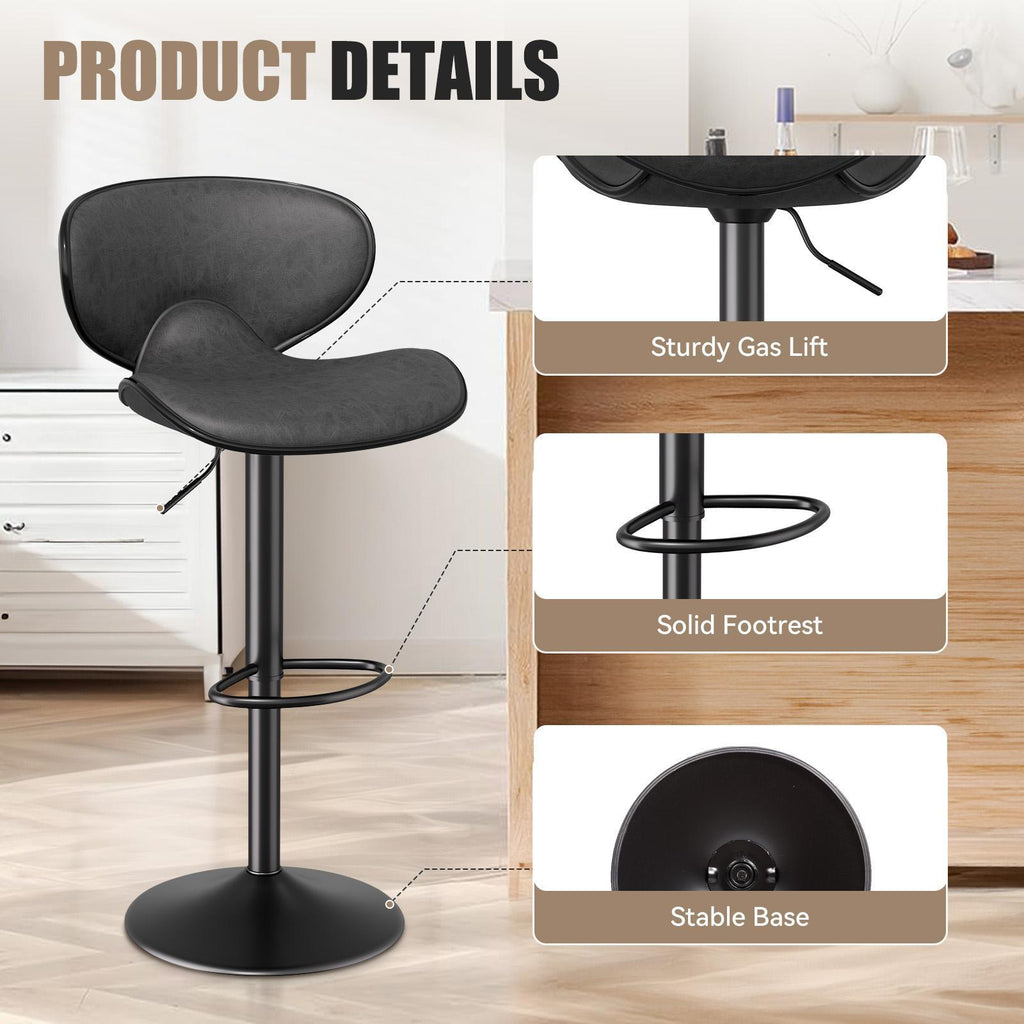Black bar stool with grey faux leather seat, gas lift, circular footrest, and stable matte black pedestal base.