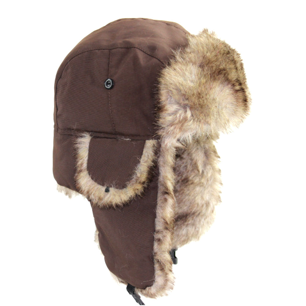 Brown waterproof trapper hat with faux fur trim, ear flaps, and black button accents, isolated on white background.