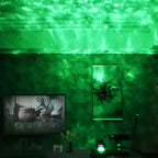 Green LED night light projector casting starry, nebula-like patterns on walls and ceiling in a dark room.