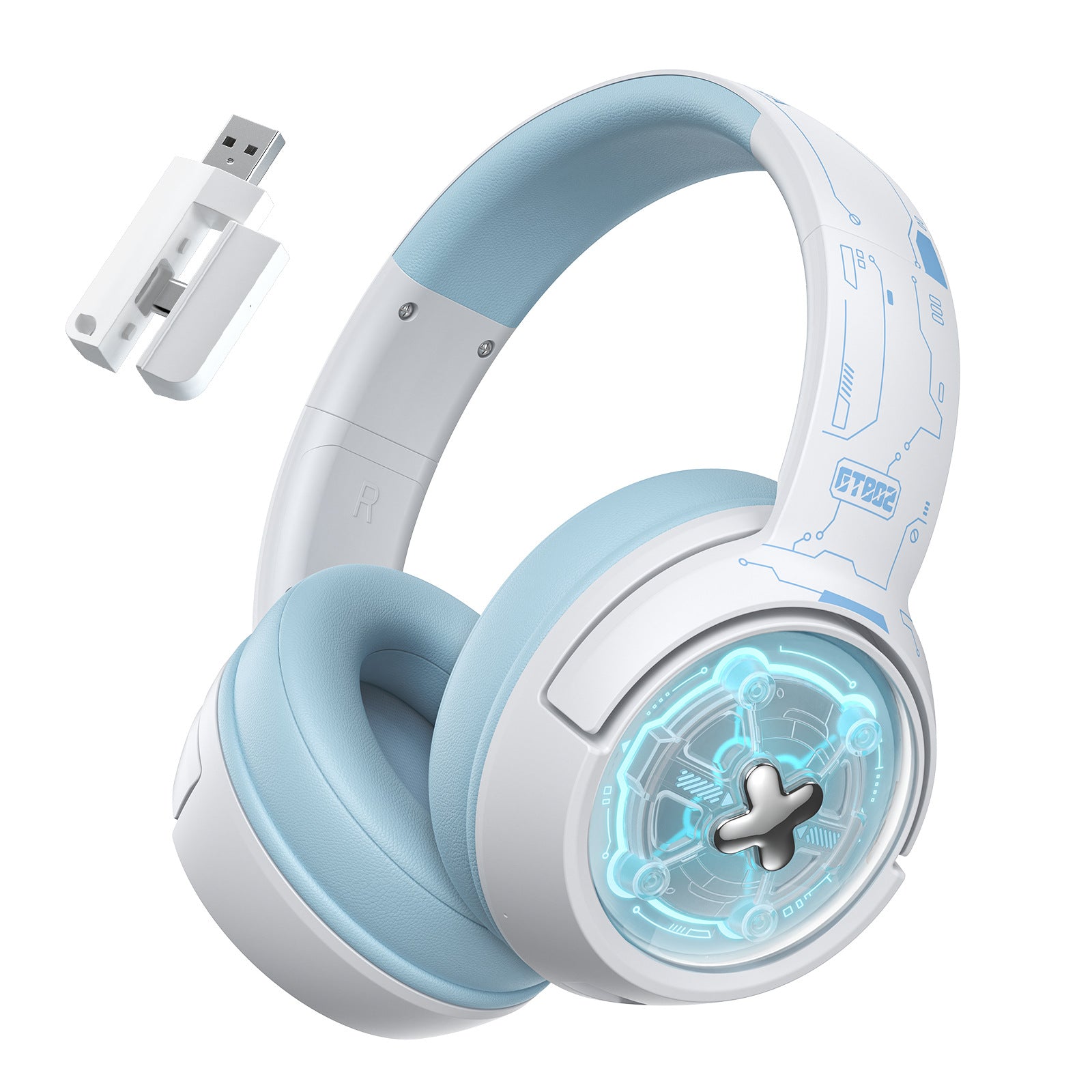 White and pastel blue wireless gaming headphones with LED-lit earcups and a matching USB-C transmitter dongle.