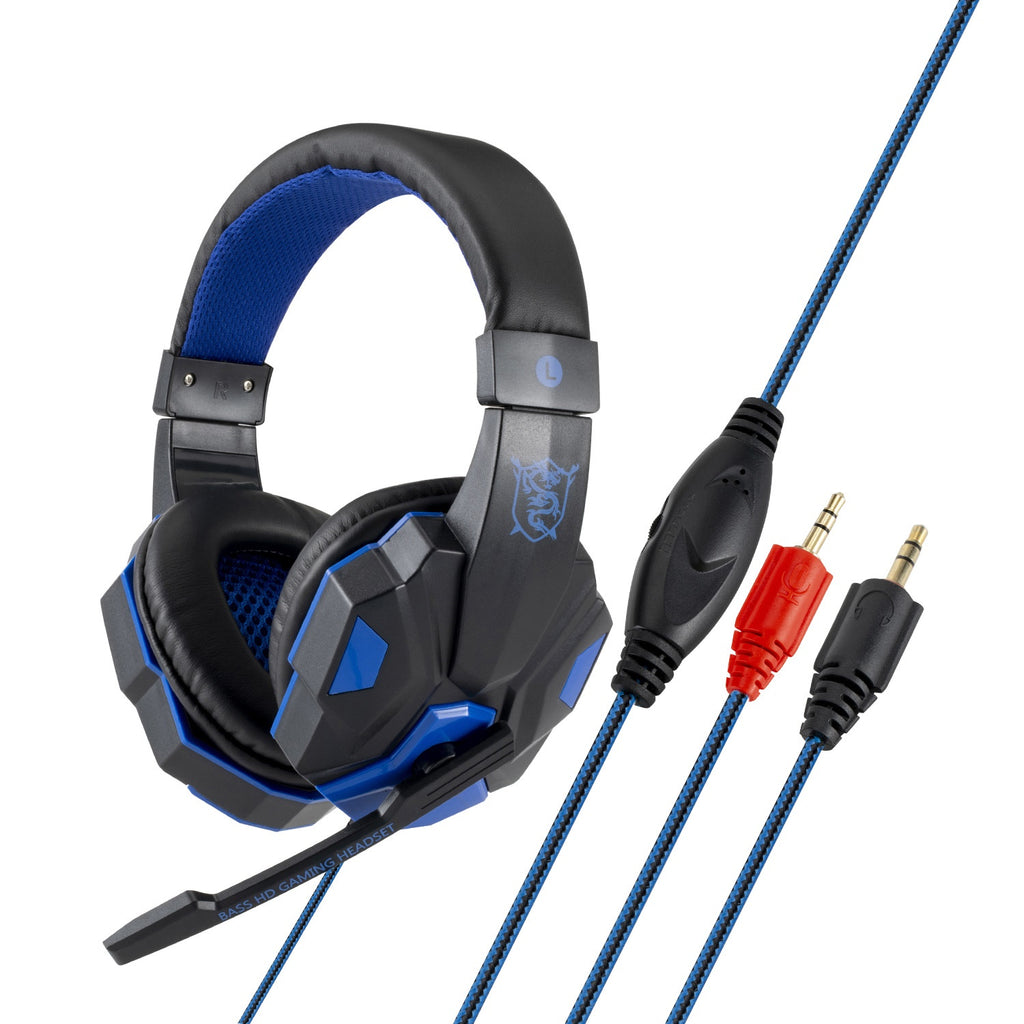 Digitaldistribution375 blue and black wired gaming headset with microphone and inline volume control.