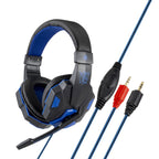 Digitaldistribution375 blue and black wired gaming headset with microphone and inline volume control.