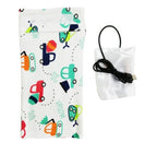 White USB-powered baby bottle warmer featuring a colorful construction vehicle pattern, with a detachable USB cable.