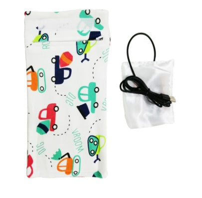 White USB-powered baby bottle warmer featuring a colorful construction vehicle pattern, with a detachable USB cable.