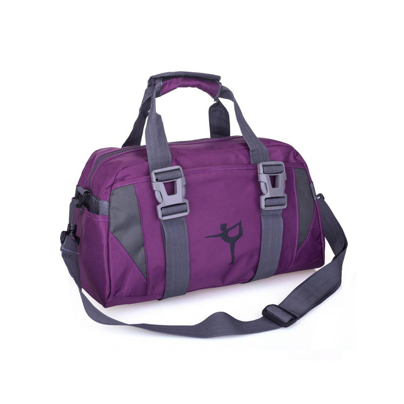 Purple yoga gym bag with grey accents, adjustable straps, side buckles, and a dancer silhouette graphic.