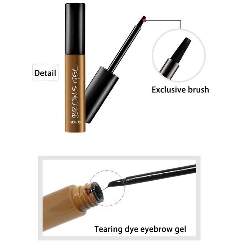 Brown Novo eyebrow gel bottle with applicator brush and a close-up showing the gel texture.