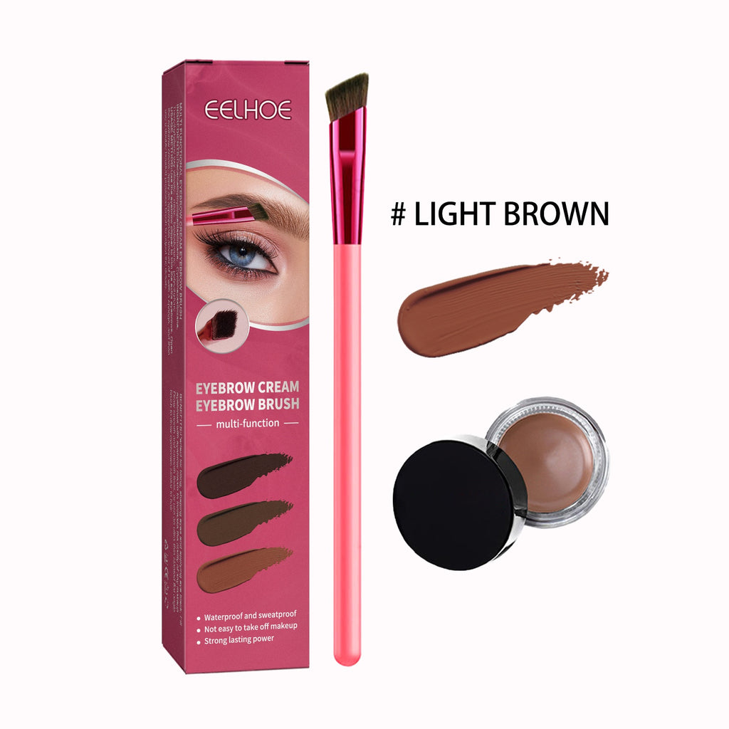 EELHOE eyebrow kit in Light Brown featuring a pink angled brush, a cream pot, and product packaging on a white background.