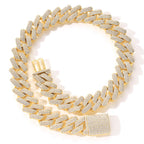 Gold-tone hip hop cuban link chain encrusted with sparkling white zircon stones, featuring a box clasp closure.