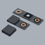 Three 3-in-1 folding wireless chargers in dark gray fabric, featuring visible copper charging coils and black accents.