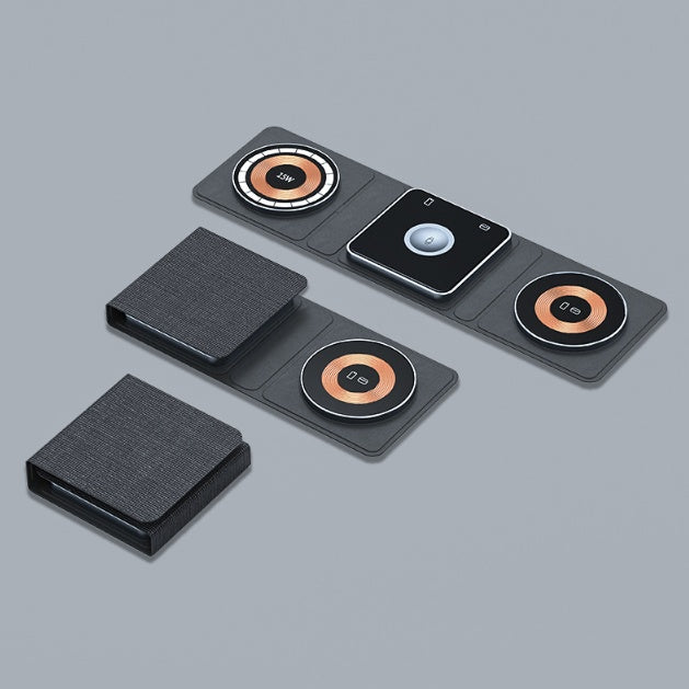 Three 3-in-1 folding wireless chargers in dark gray fabric, featuring visible copper charging coils and black accents.