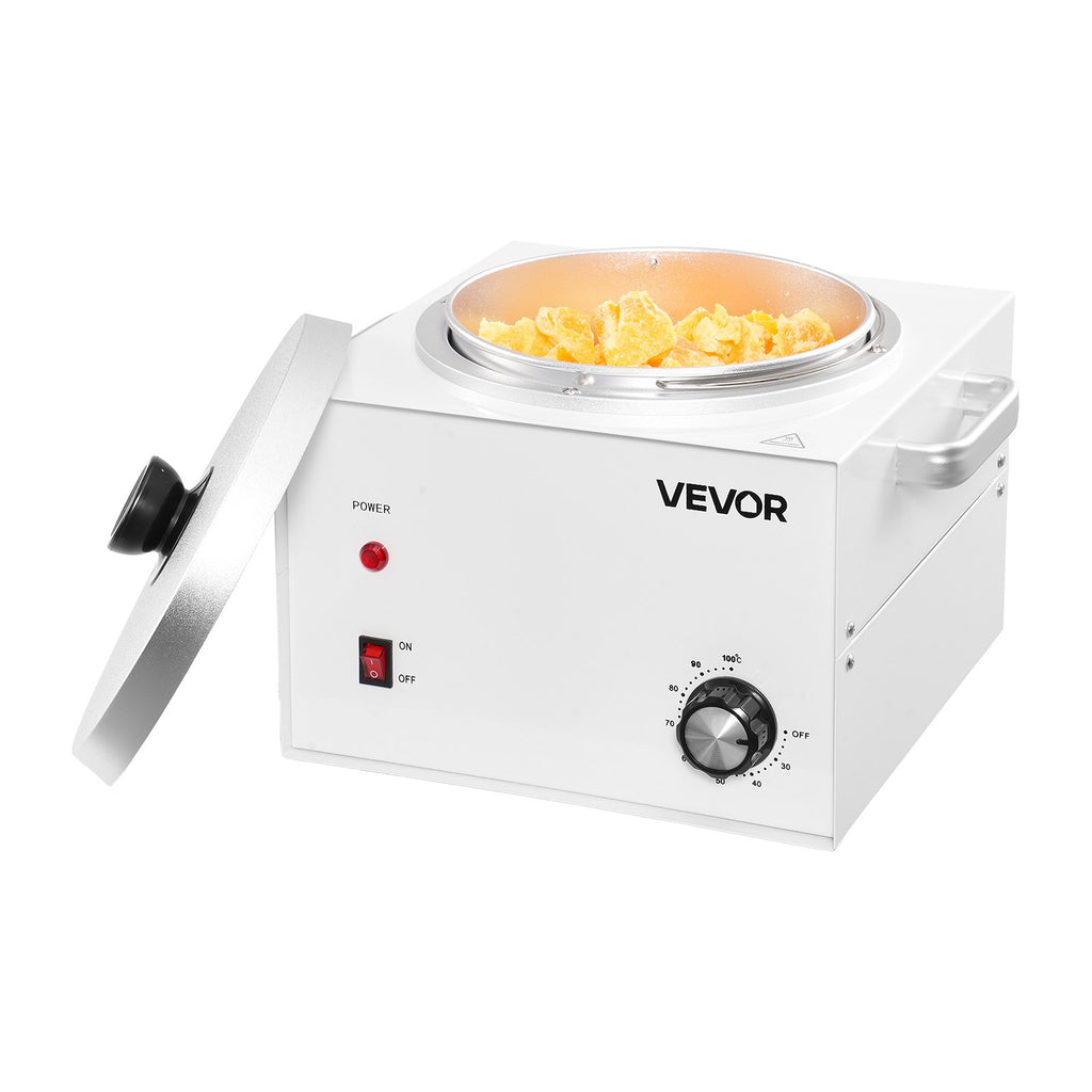 White 3000ml professional wax warmer with a removable lid, temperature dial, power switch, and wax chunks inside.