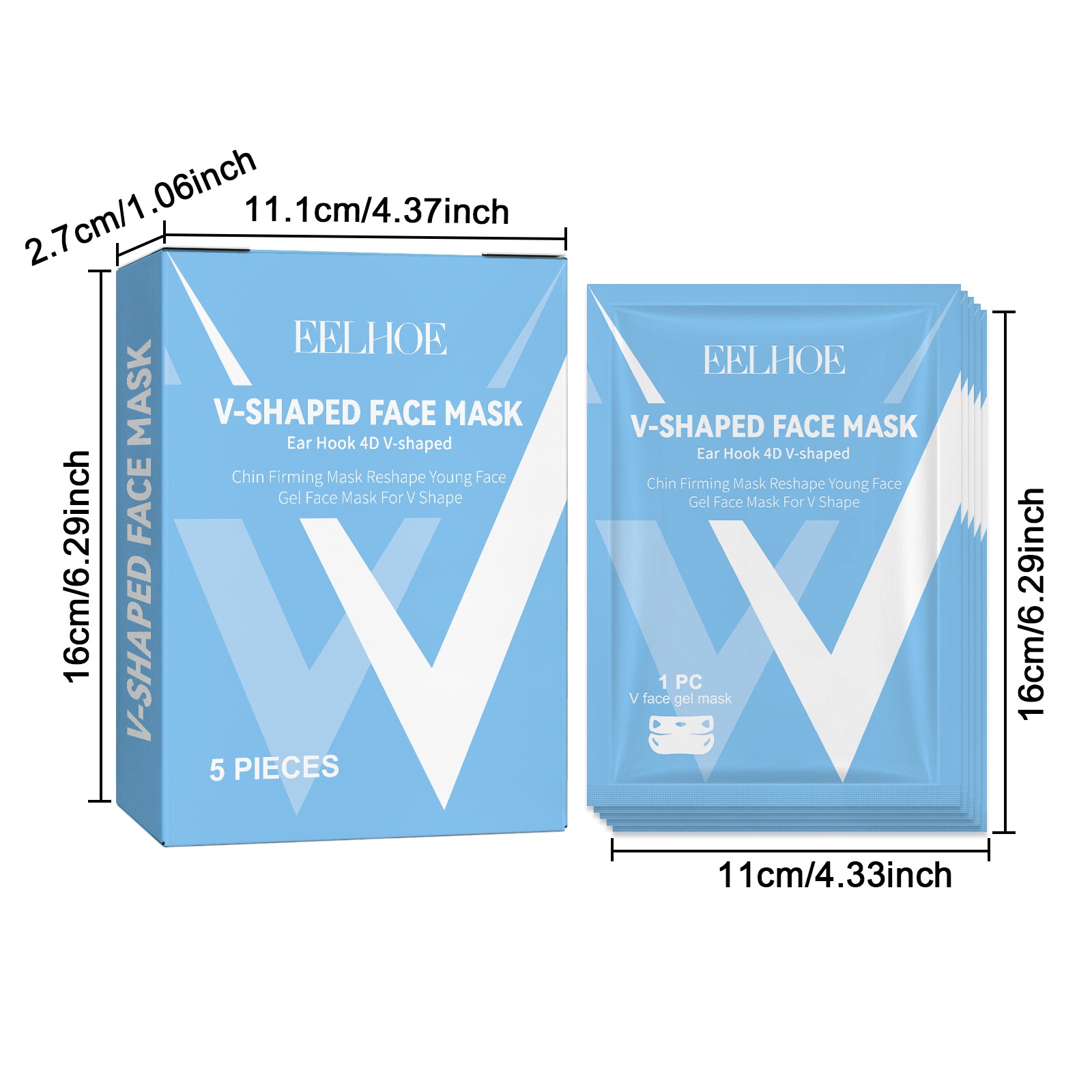 Blue EELHOE V-shaped face mask box and individual pouches with white text and dimension measurements.