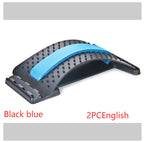 Black and blue adjustable plastic lumbar back stretcher with acupressure nodes for pain relief.