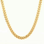 A polished gold-tone Cuban link chain necklace in a classic heavy-set, interlocking style against a white background.