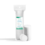 Clear plastic sleeve of 100 round, white, soft cotton makeup remover pads with green and white branded packaging.