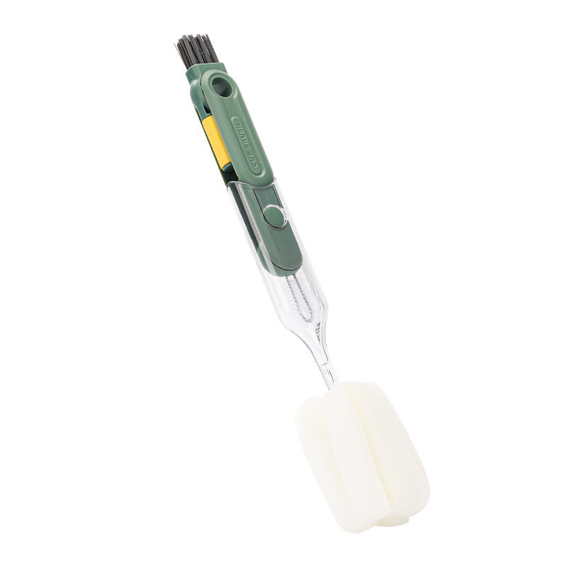 Multi-functional green and clear kitchen cup brush with a detachable white sponge and integrated small cleaning tools.