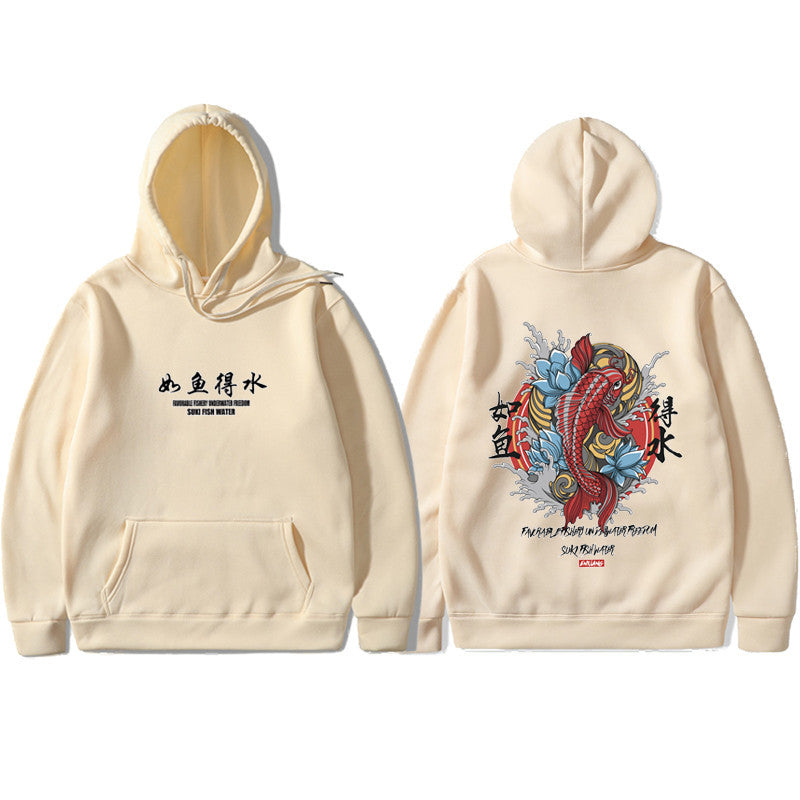 Beige streetwear hoodie with front text and vibrant back graphic featuring a red koi fish, lotus, and Japanese script.