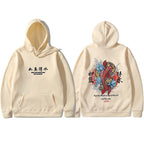 Beige streetwear hoodie with front text and vibrant back graphic featuring a red koi fish, lotus, and Japanese script.