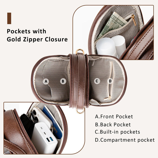Coffee-colored vegan leather crossbody bag showing two main zippered compartments with patterned lining and gold zippers.