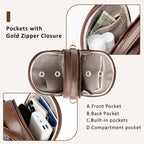 Coffee-colored vegan leather crossbody bag showing two main zippered compartments with patterned lining and gold zippers.