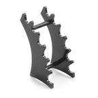 Black, sleek plastic makeup brush drying rack with multiple slots to hold brushes upright for efficient drying.