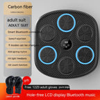 Black carbon fiber music boxing wall target with LED hit pads, LCD display, and included black adult boxing gloves.