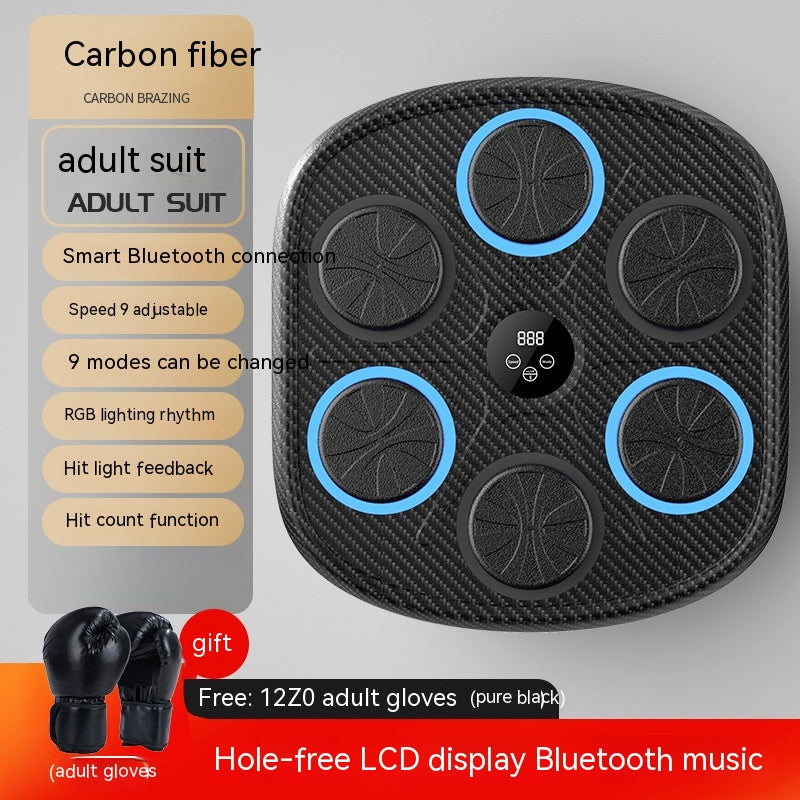 Black carbon fiber music boxing wall target with LED hit pads, LCD display, and included black adult boxing gloves.