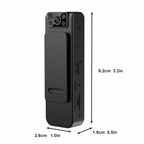 Black L8 portable magnetic backclip camera with dimensions shown, featuring a lens, side buttons, and a TF card slot.