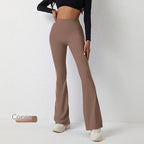Cocoa brown, high-waisted, flare-leg fitness pants with a smooth, stretchy fabric and hip-lifting silhouette.