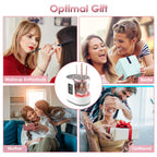 Collage showing people gifting an automatic 4-in-1 white makeup brush cleaner with digital display and UV light.