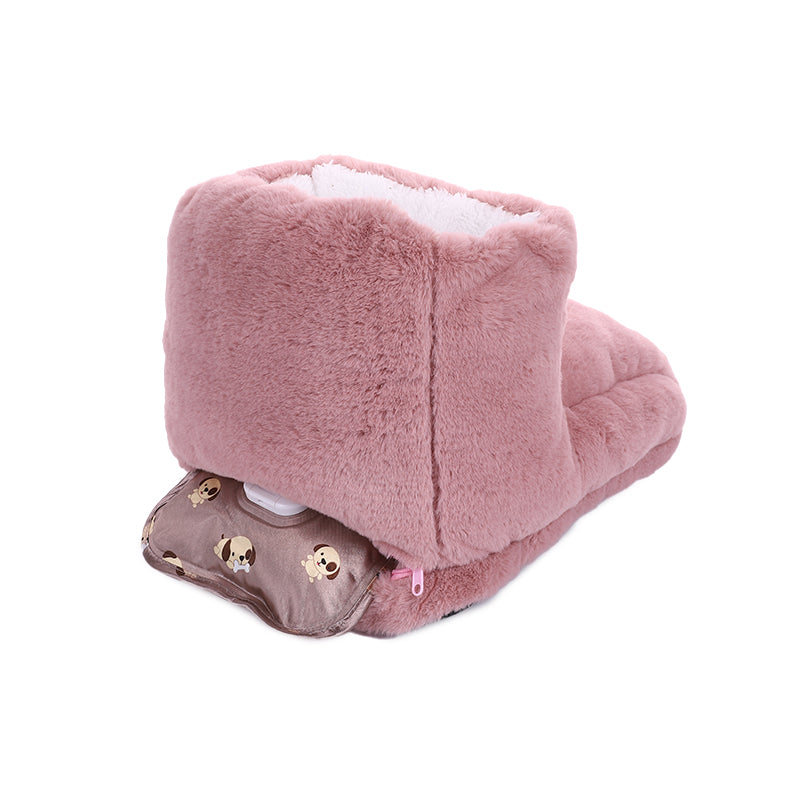 Pink faux fur foot warmer with white lining and an inserted brown puppy-print heating pad, isolated on white.