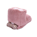 Pink faux fur foot warmer with white lining and an inserted brown puppy-print heating pad, isolated on white.